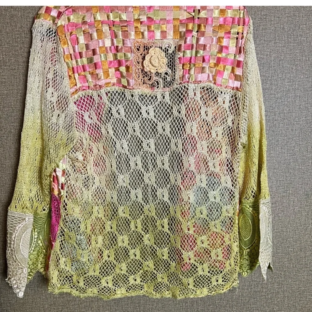 Parsley And Sage Women's Sweater Crochet Ribbon Open Front pink yellow green - Picture 4 of 9